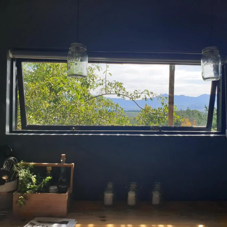 Mountain landscape vista framed through large interior window with greenery