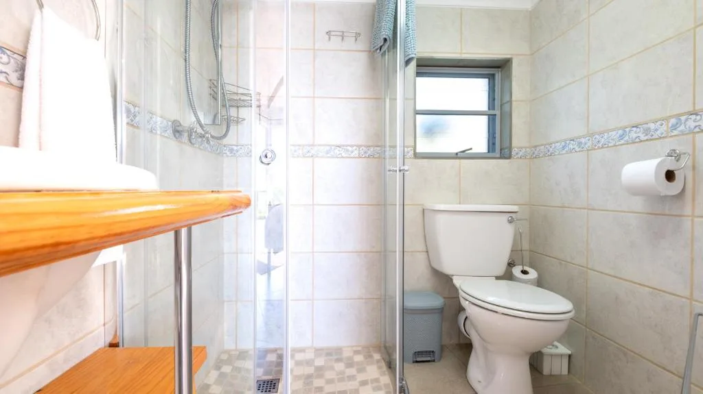 Bathroom with shower enclosure, toilet, and wooden vanity shelf