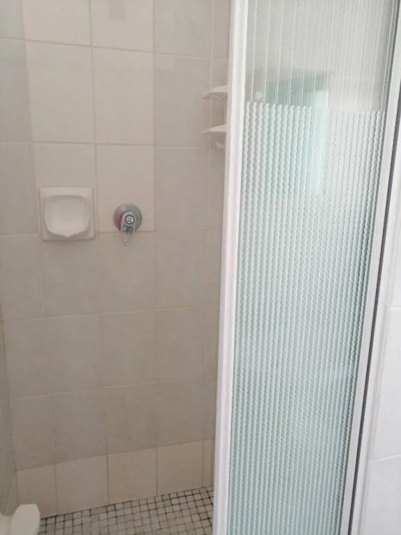 Shower enclosure with textured glass door and tiled walls