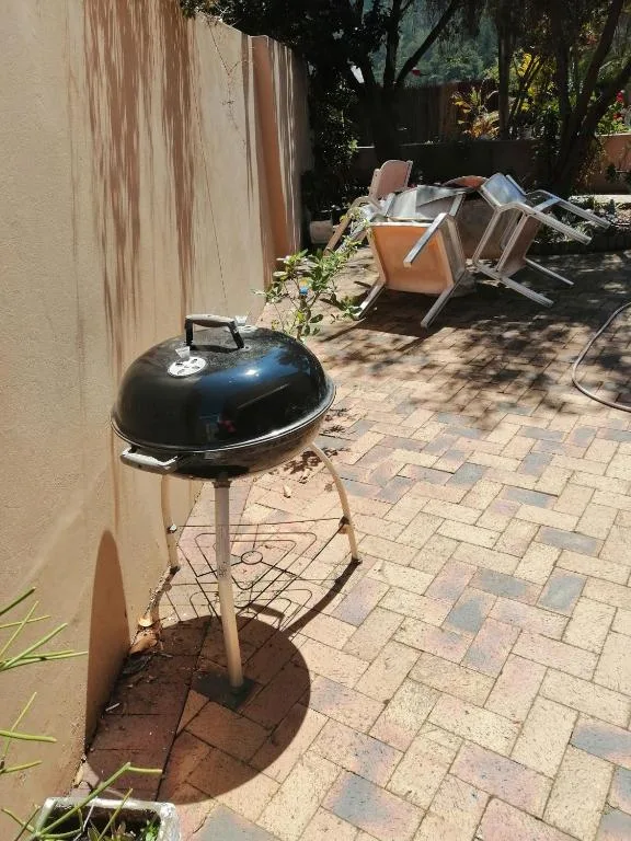 Outdoor patio area with braai grill and garden furniture under trees