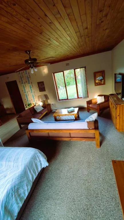 Spacious bedroom with two beds, wooden ceiling, and natural light