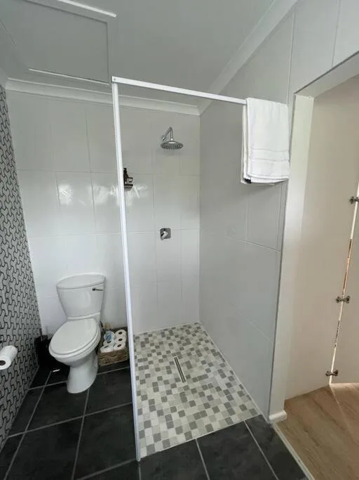 Modern bathroom with walk-in shower, toilet, and geometric floor tiles