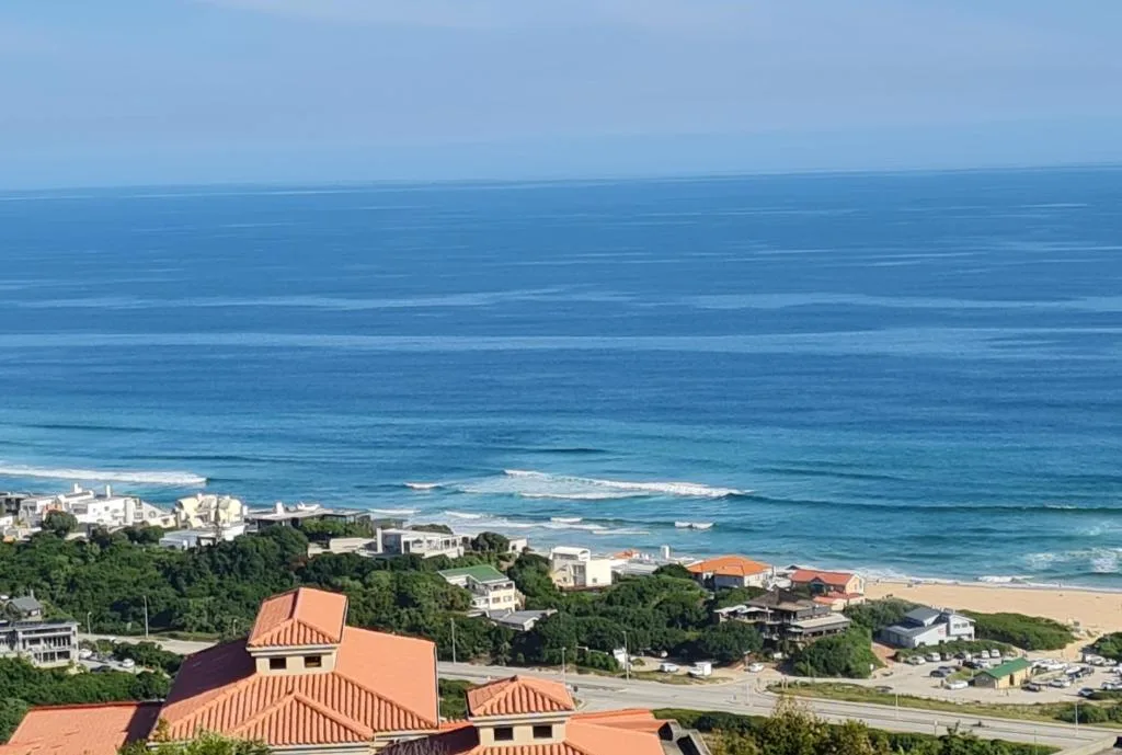 Expansive ocean view with beach, waves, and coastal properties below