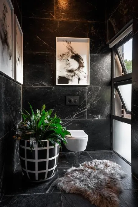 Modern black marble bathroom with white toilet, potted plant, and artwork