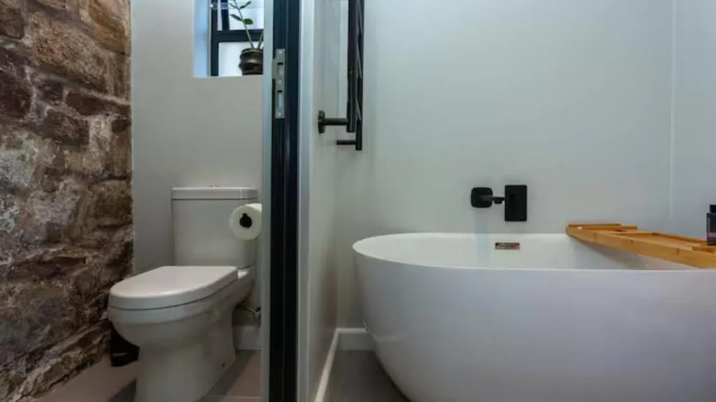 Modern bathroom with freestanding white bathtub and toilet