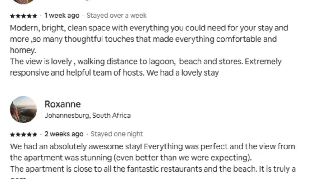 Guest reviews praising modern apartment with stunning views and excellent hospitality