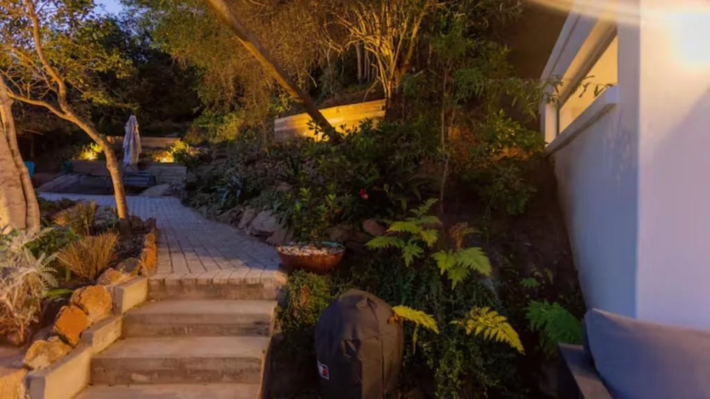 Evening garden pathway with lush vegetation and atmospheric lighting