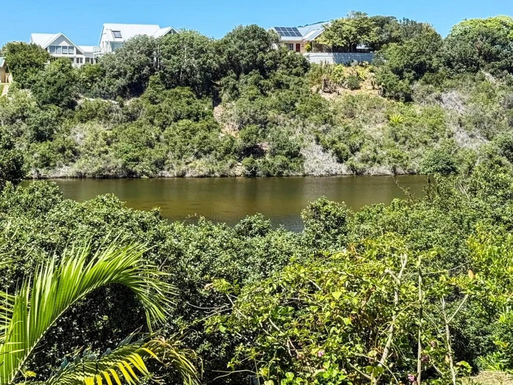 Scenic lagoon view with lush vegetation and waterfront properties