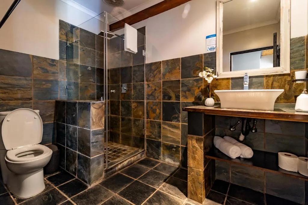 Modern bathroom with slate tile shower, white vessel sink, and toilet