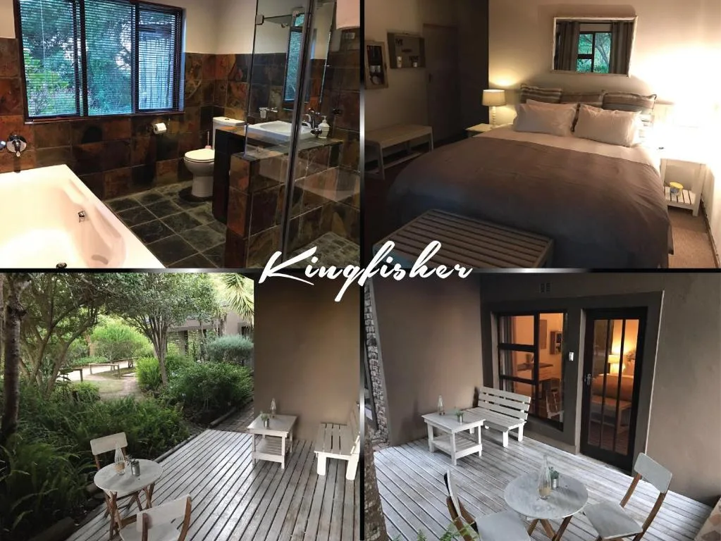 Collage showcasing bathroom, bedroom, and outdoor deck areas of Kingfisher property