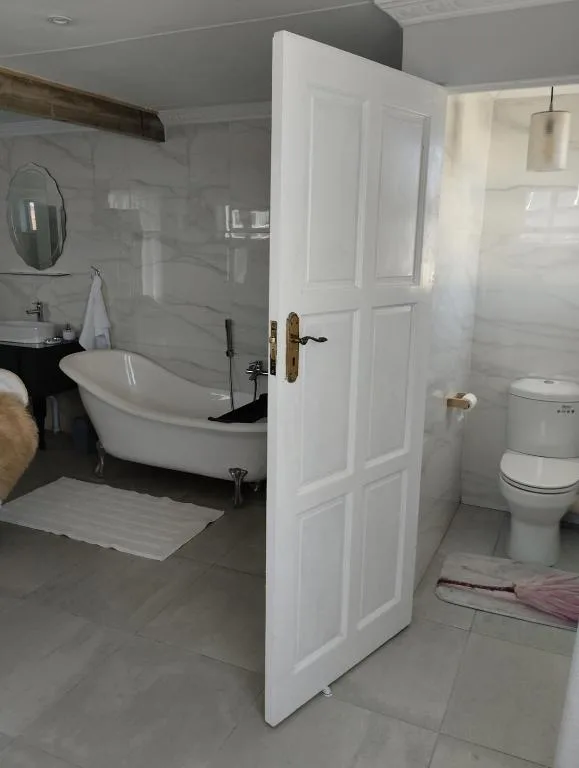 Modern bathroom with freestanding tub, vanity, and toilet fixtures