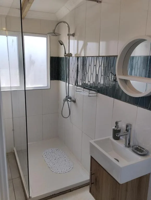 Modern shower enclosure with rainfall showerhead and contemporary black tile accent