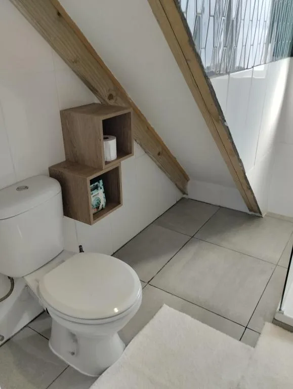 Modern bathroom with white toilet and wooden wall storage shelves