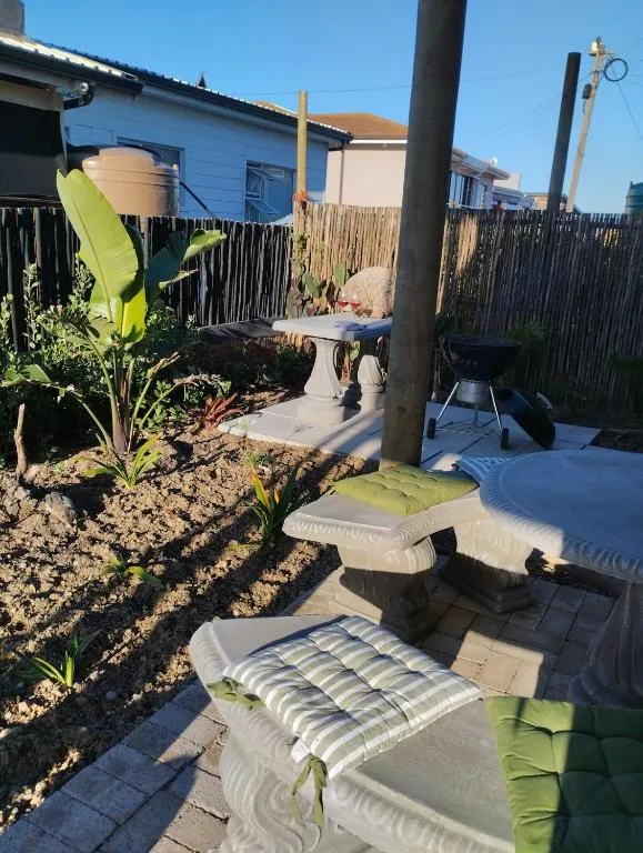 Outdoor patio with lounge chairs, tropical plants, and braai area