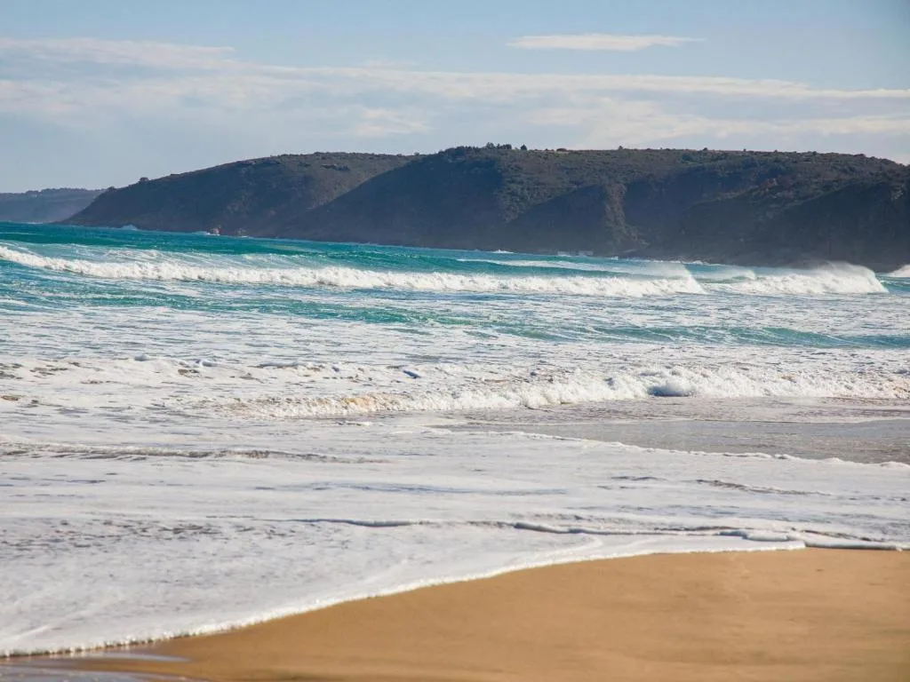 Turquoise ocean waves and sandy beach with forested cliffs