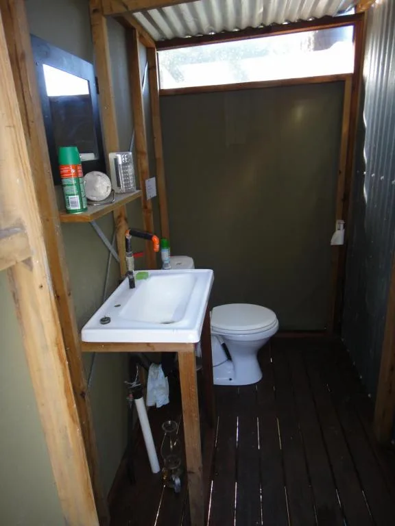 Compact bathroom with white sink, toilet, and wooden shelving