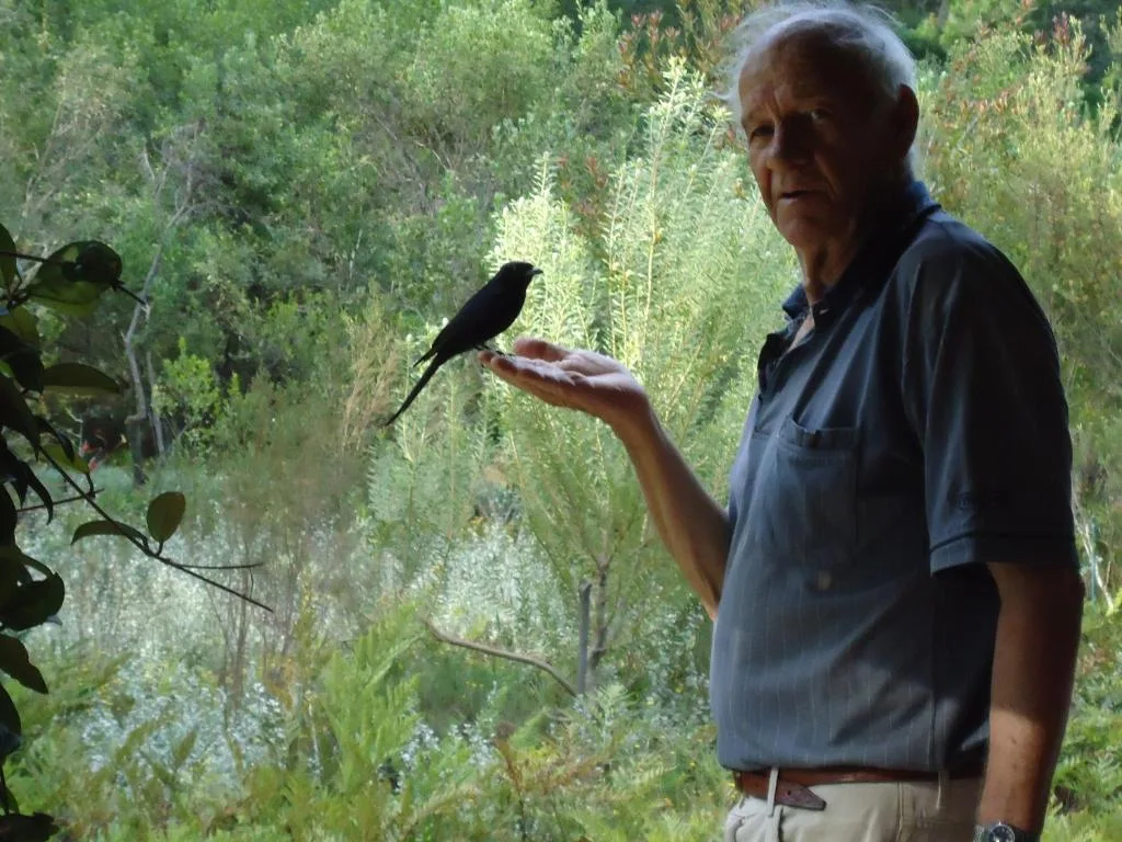 Man feeding a black bird in lush garden surrounded by greenery