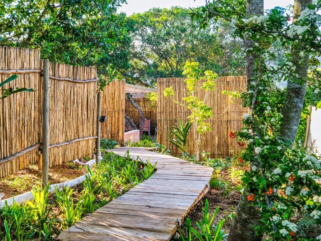 Wooden pathway through lush garden with reed fencing and flowering plants