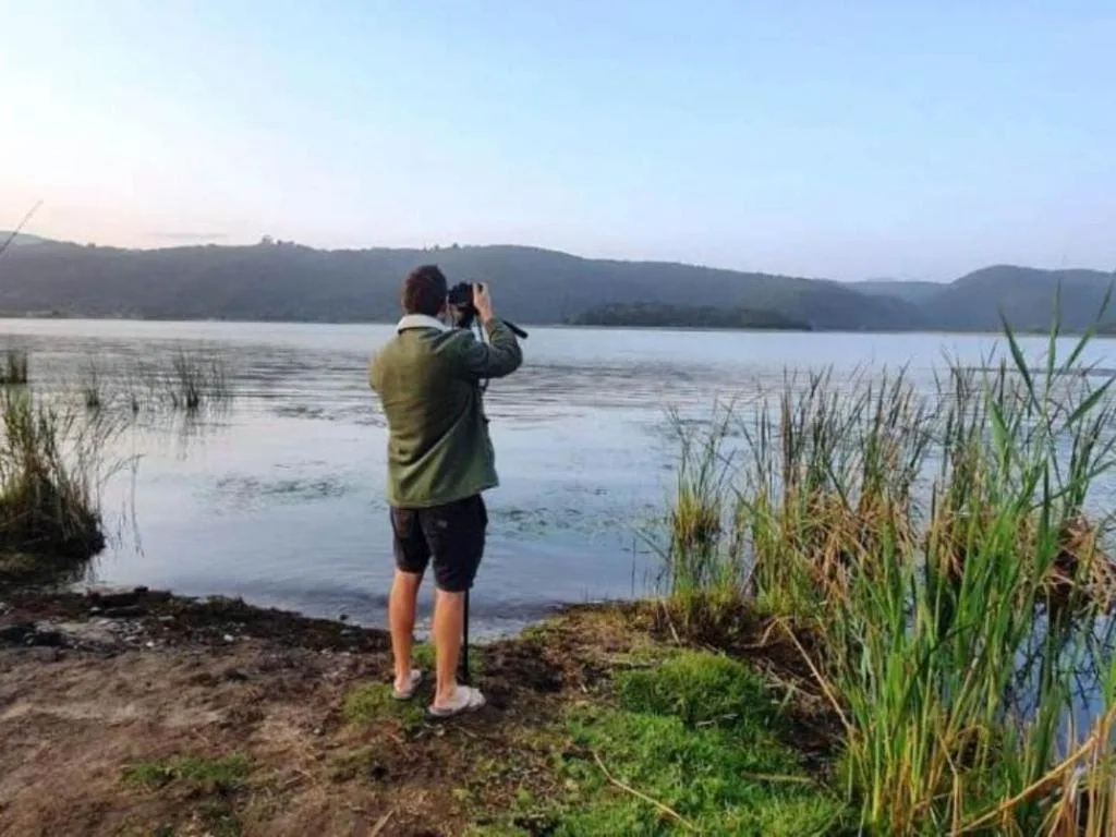 Tranquil lake with forested mountains reflecting in still water at dawn