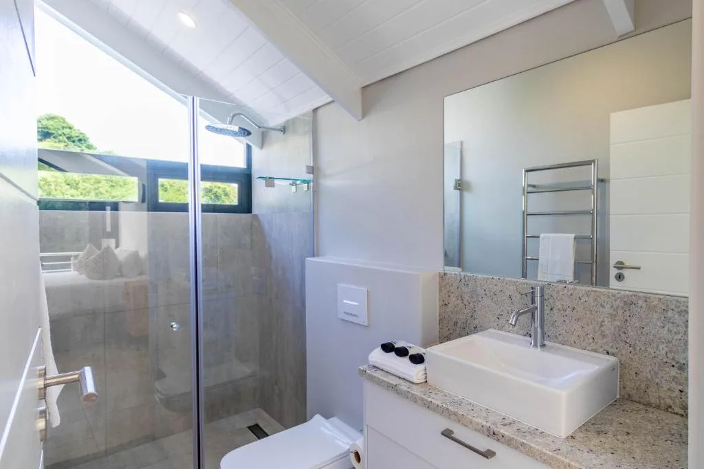 Modern bathroom with walk-in shower, vanity sink, and heated towel rack