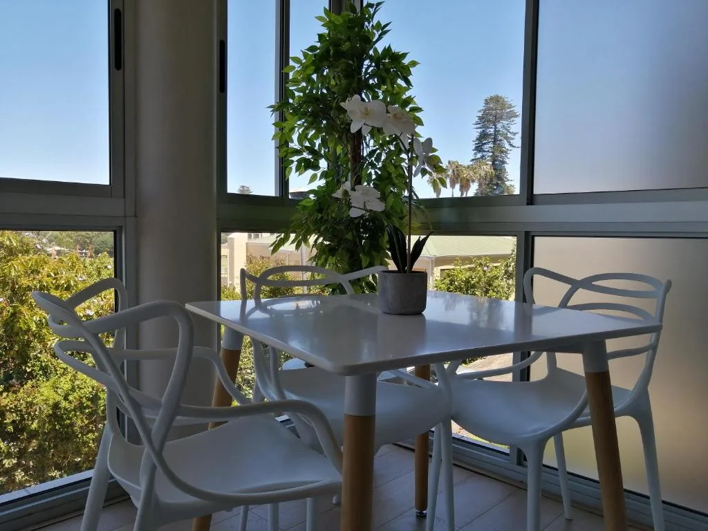 Modern outdoor dining area with table, chairs, and potted plant overlooking garden