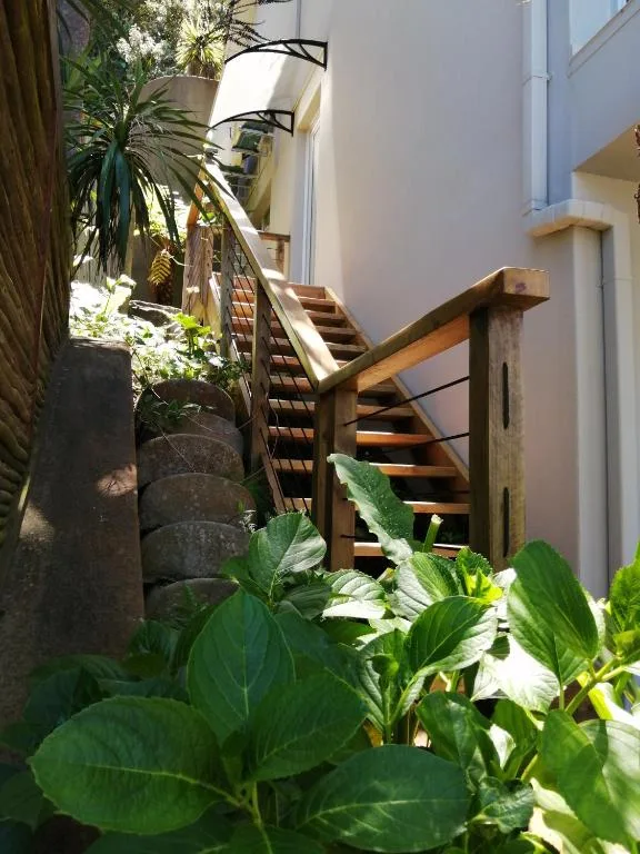 Wooden staircase with railing leading to upper level, surrounded by lush green plants