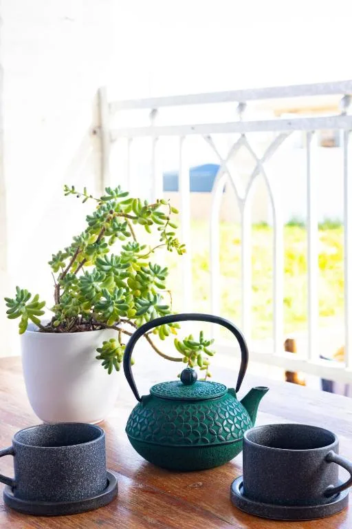 Succulent plant, teal teapot, and ceramic cups on wooden table