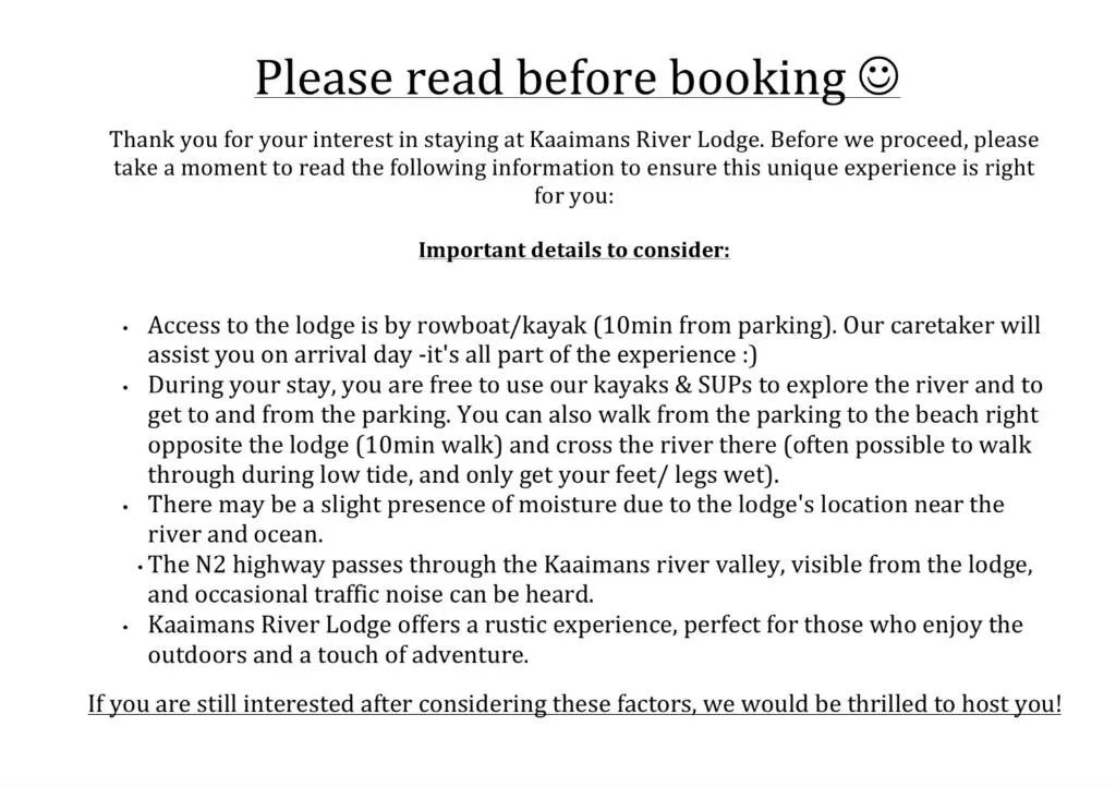 Information notice about booking terms and lodge amenities for guests