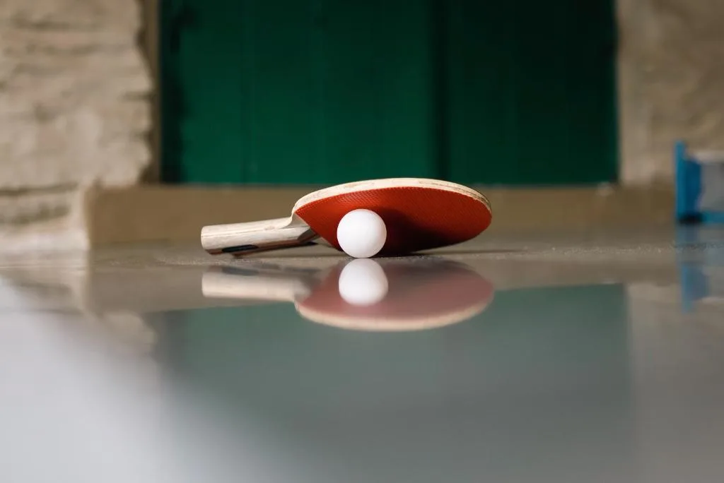 Ping pong paddle and ball on indoor table with net