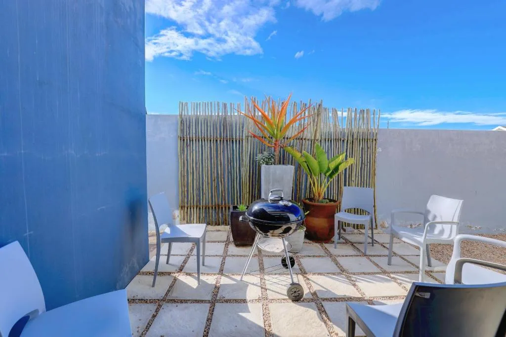 Outdoor patio with braai grill, white chairs, and tropical plants