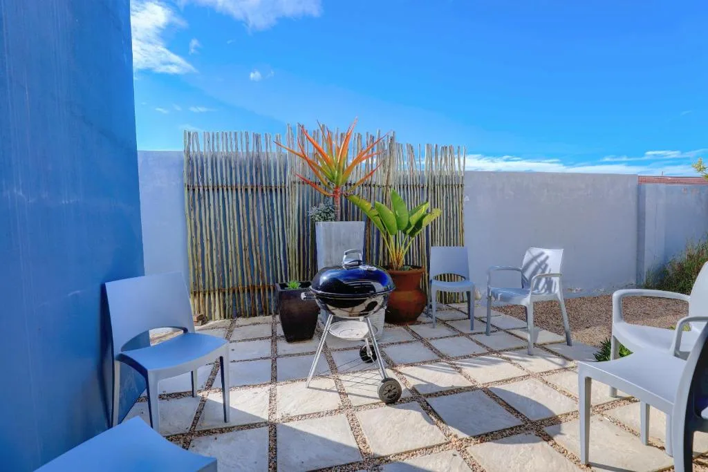 Modern outdoor patio with braai, seating, and vibrant tropical plants