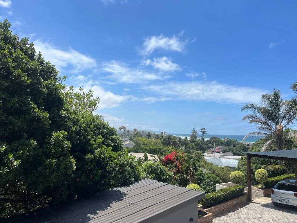 Coastal ocean view with lush gardens and blue sky from property