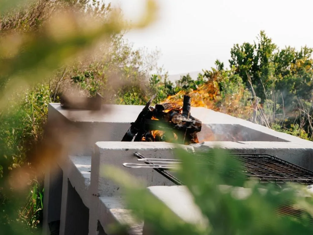 Outdoor braai area with active fire and garden views surrounding