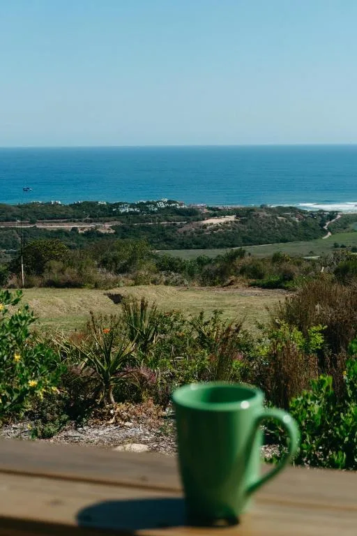 Scenic coastal vista with green mug in foreground overlooking ocean and lagoon