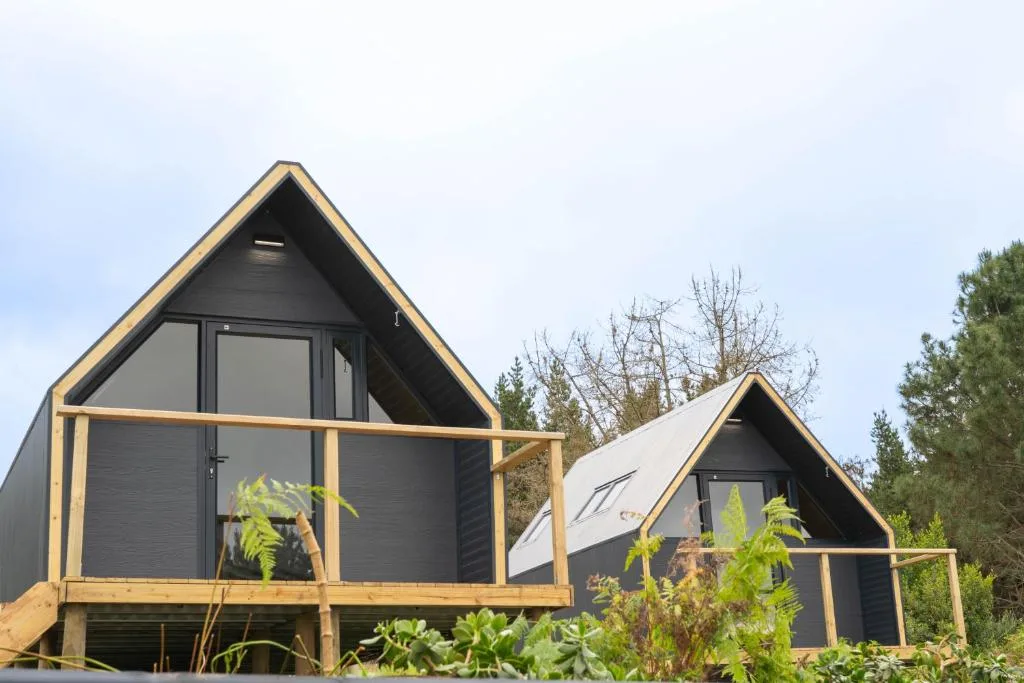 Modern black and timber A-frame glamping cabins with wooden decks surrounded by garden vegetation