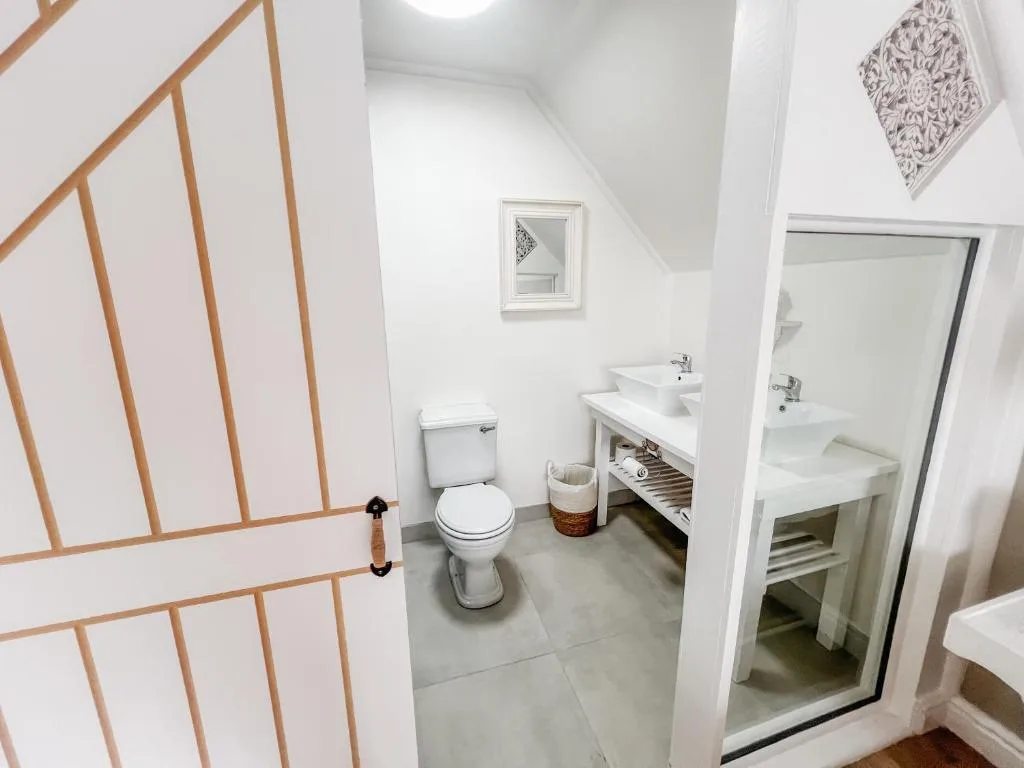 Modern bathroom with double vanity sink and toilet, bright and clean