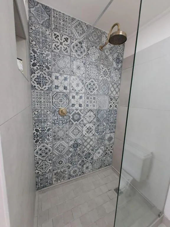 Modern shower enclosure with decorative patterned tile wall and rainfall showerhead