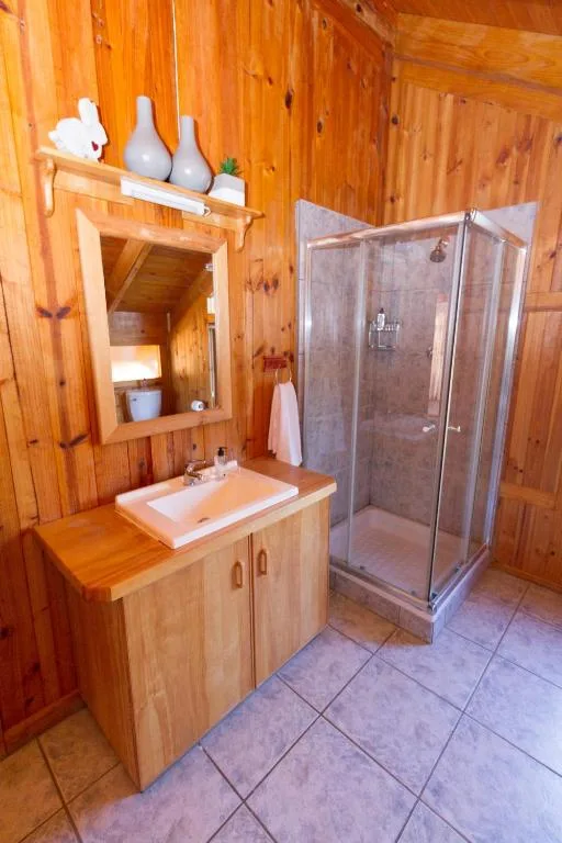 Wooden bathroom with vanity sink, mirror, and glass shower enclosure
