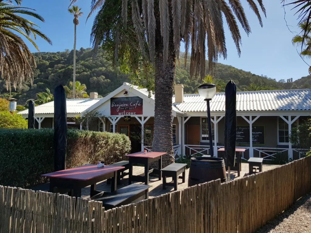 White colonial-style building with deck area and palm trees, green hillside backdrop