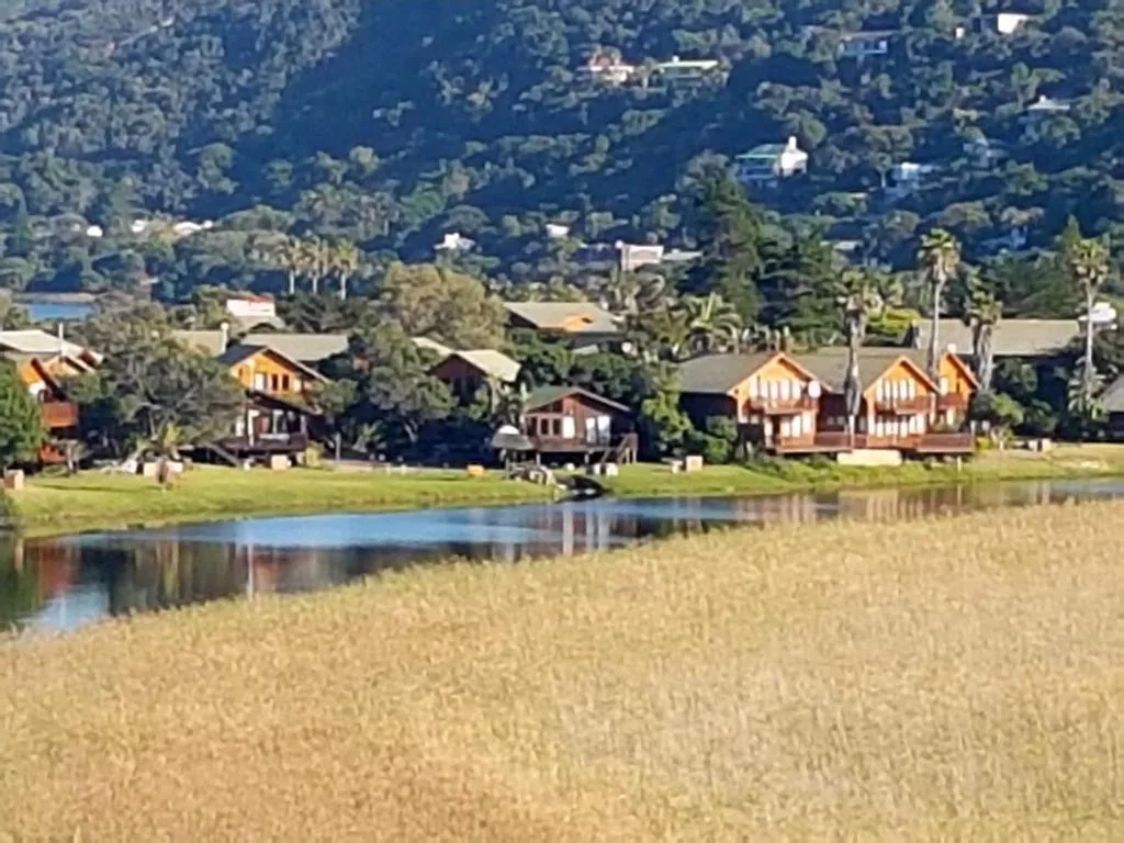 Waterfront chalets nestled among trees with lagoon and forested hills beyond
