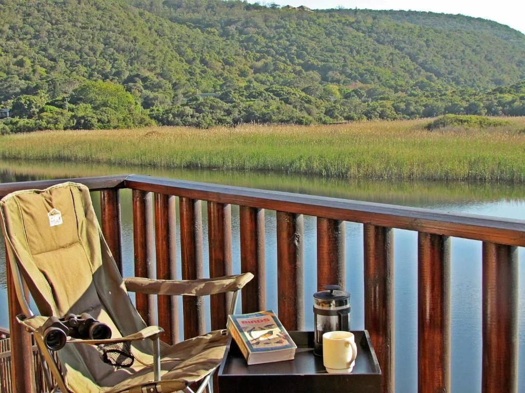 Lagoon view from wooden deck with forested hillside and reeds