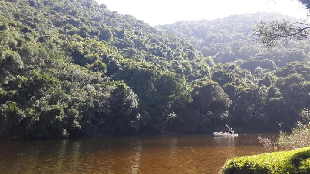 Lush forested hillsides frame a serene river with moored boat
