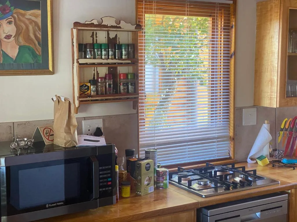 Kitchen counter with gas cooktop, microwave, and wooden shelving above