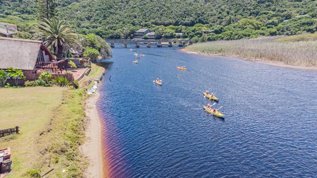 Scenic lagoon view with kayakers, lush forest backdrop, and property gardens