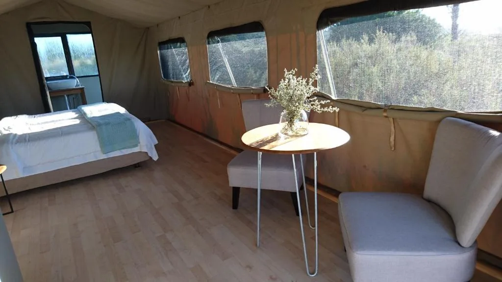 Unique glamping bedroom with bed, seating area, and panoramic windows overlooking forest