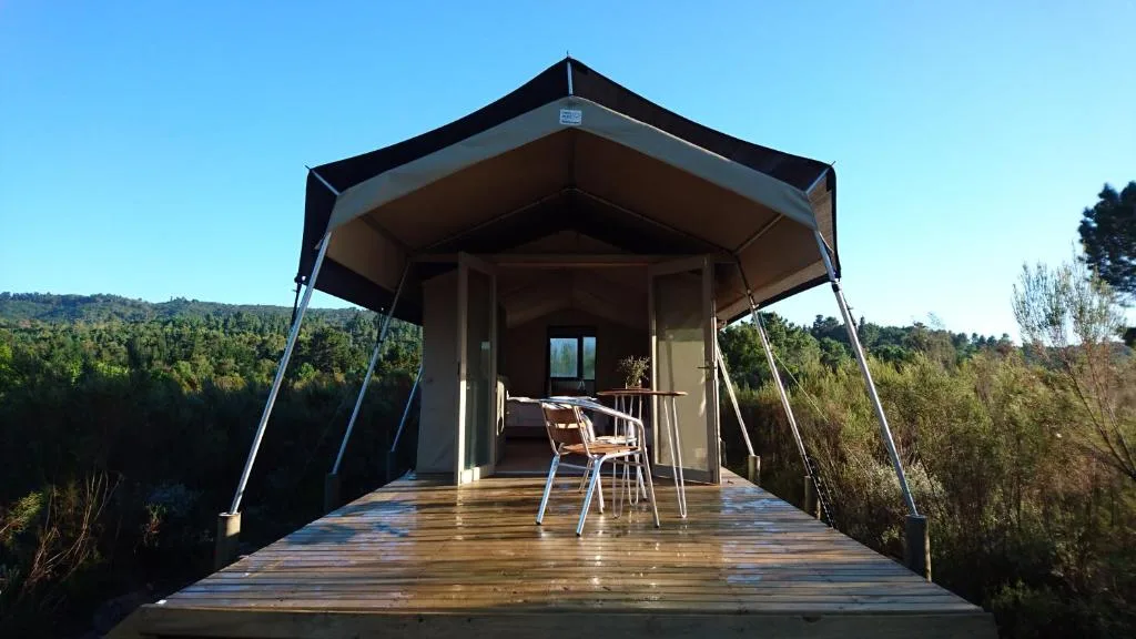 Modern safari-style glamping tent with wooden deck and forest views
