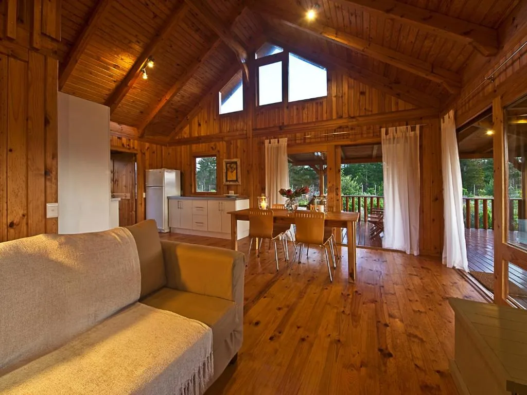 Warm wooden chalet interior with sofa, dining table, kitchen, and deck access
