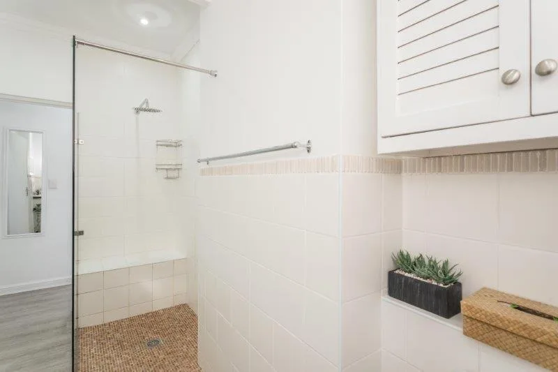 Modern walk-in shower with glass door and rainfall showerhead fixture