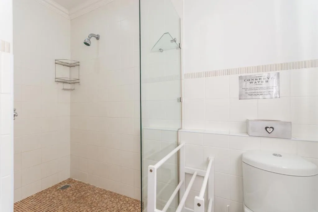 Modern bathroom with walk-in shower, toilet, and decorative wall accessories