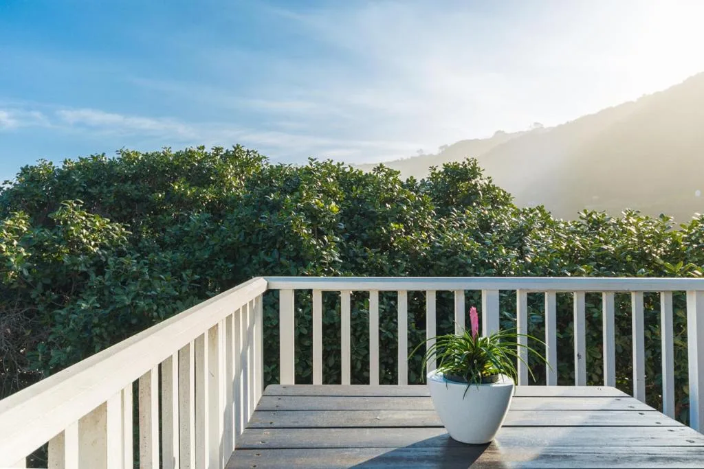White railed deck with potted plant overlooking lush green mountains